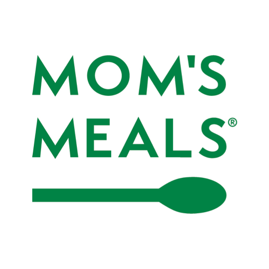 Logo of Mom's Meals, featuring bold green uppercase letters spelling 'MOM'S MEALS' with a green spoon image below, indicating a food service company.