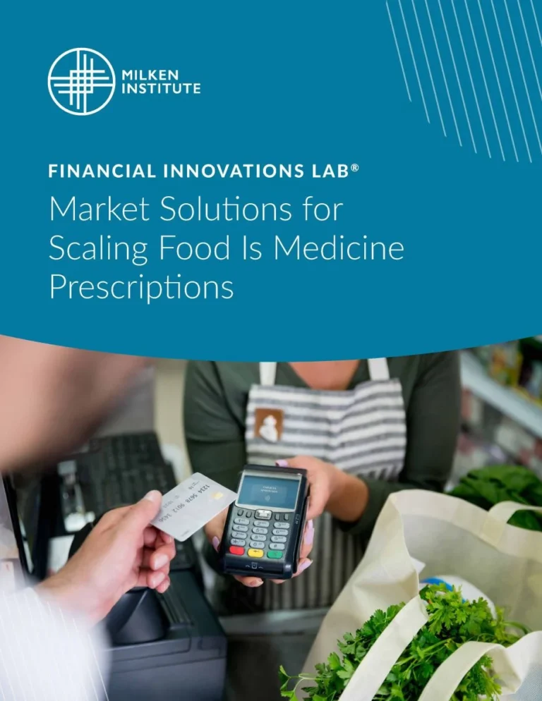A cover page for a Milken Institute report titled 'Financial Innovations Lab: Market Solutions for Scaling Food Is Medicine Prescriptions', featuring a person handing over a prescription card with a payment terminal in the foreground.